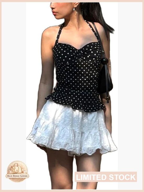 Tops - Halter Tank Top Sleeveless V Neck Polka Dot Crop Top Backless Going Out Cami